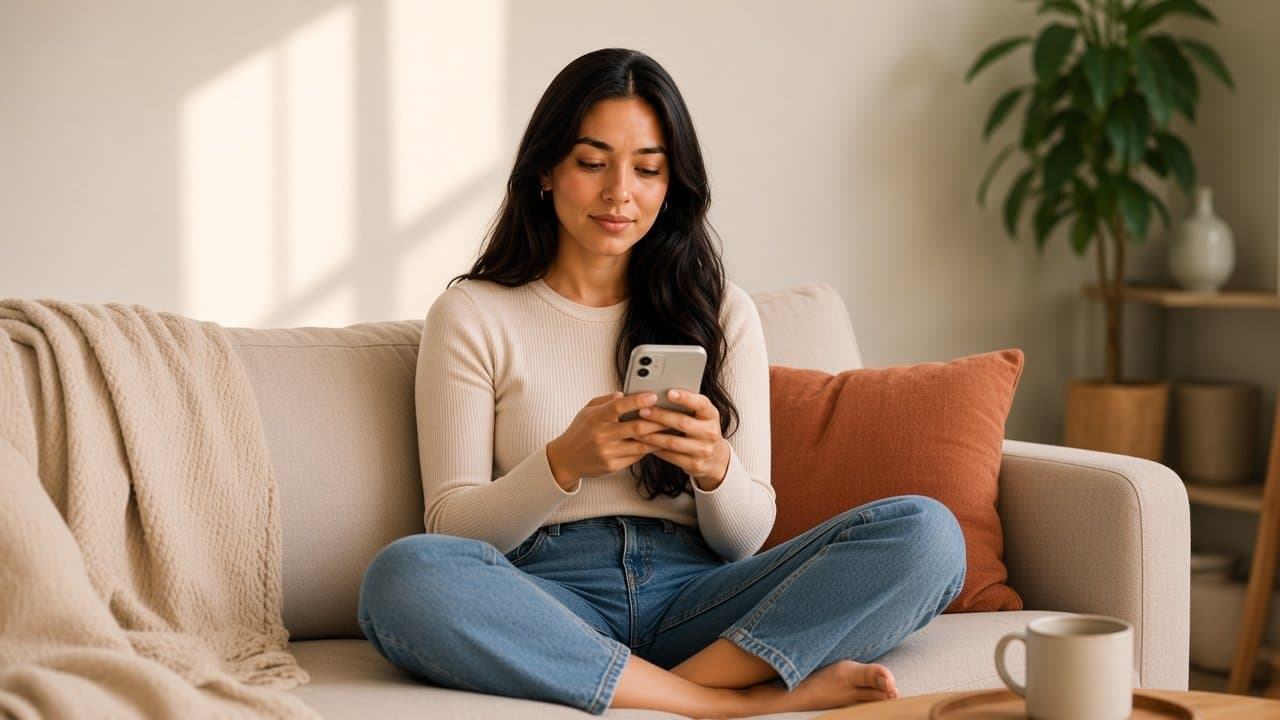 A young woman relaxing on a sofa at home, using her phone