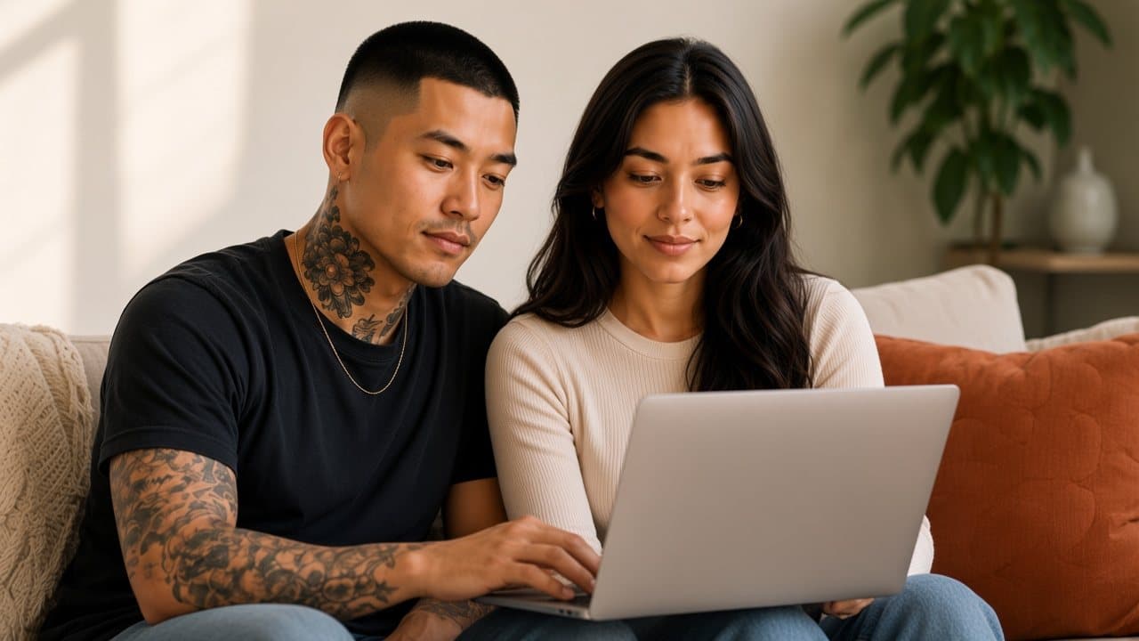 A young couple on a sofa completing an online process together on a laptop