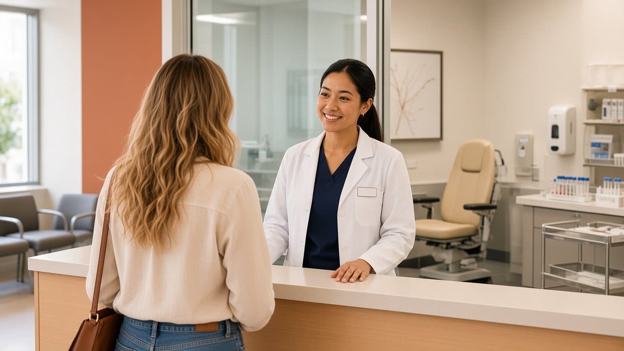A patient, seen from behind, being welcomed by a friendly staff member at a laboratory patient service desk