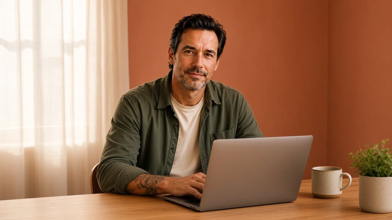A man in a quiet corner of his home using a laptop whose screen is turned away from view