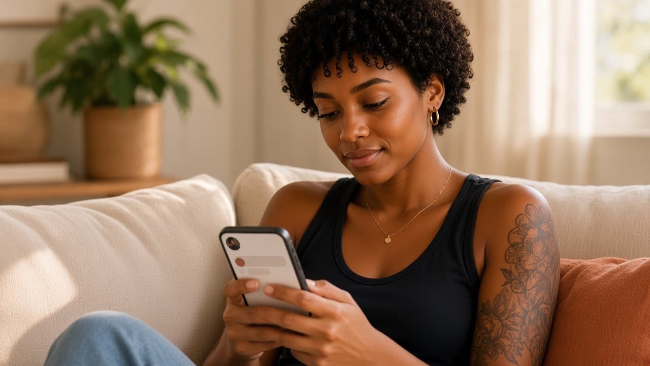 A woman on a sofa at home privately checking her account on her phone