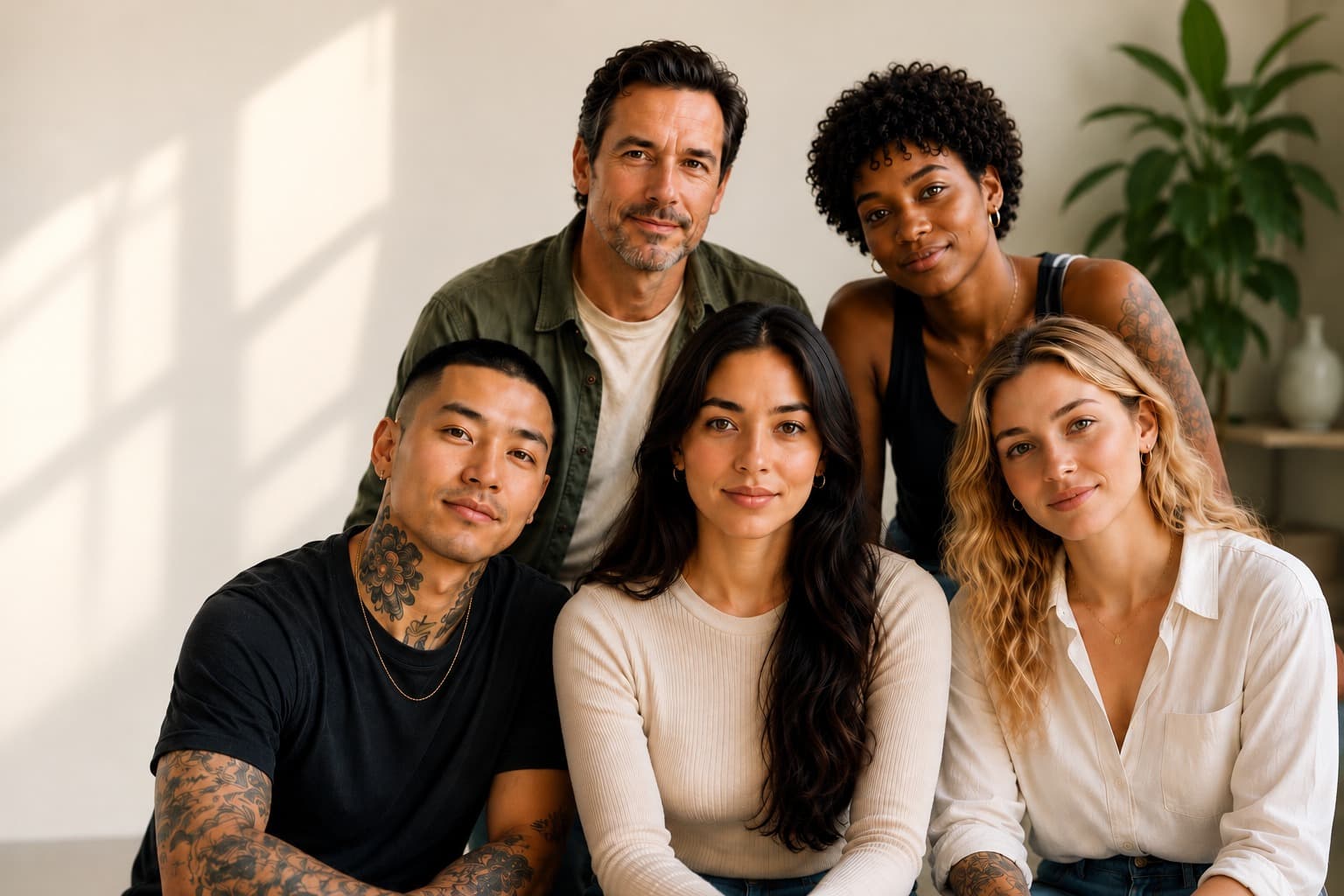 Five people of different ages and backgrounds sitting close together in a bright room