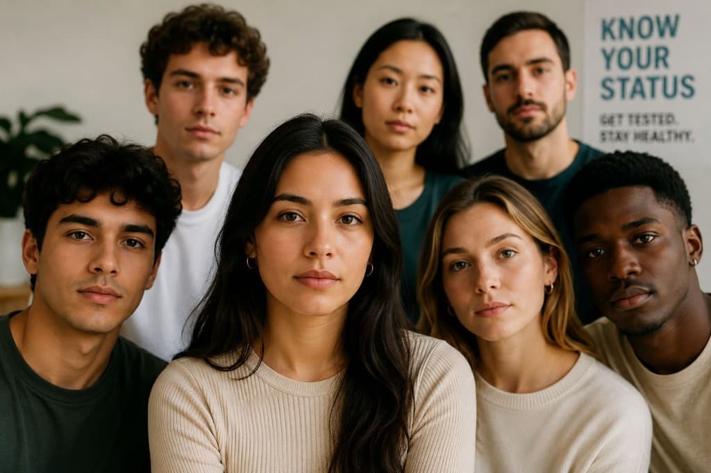Diverse group of people standing together with a Know Your Status health testing poster